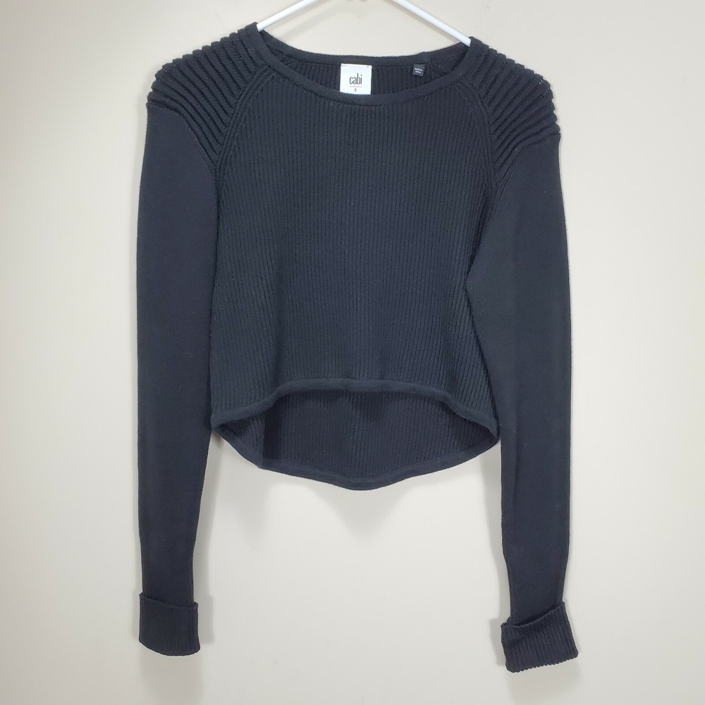 Cabi Crop Prep Pullover Sweater Hi Low Knit Ribbed Long Sleeve S 3525 black knit